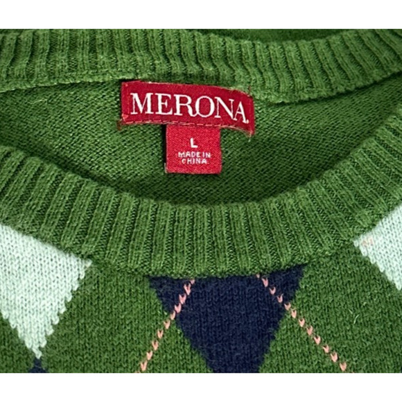 Merona Green Navy Pink Argyle Cotton Blend Crew Neck Sweater Large Preppy - Picture 5 of 6